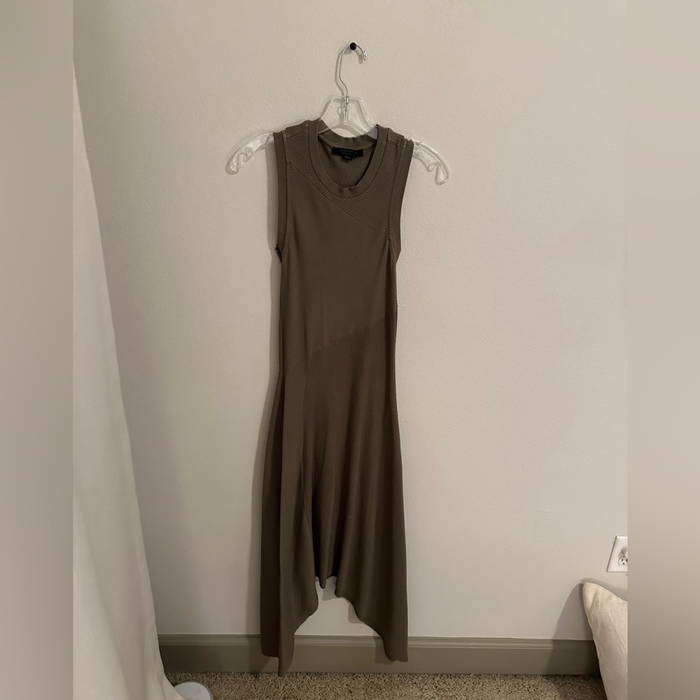 All Saints Gia Asymmetrical MIDI Dress Khaki Green
